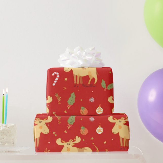 Cute Simple merry christmas cartoon reindeer patte Wrapping Paper (Party Gifts)