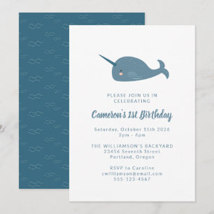 Cute Simple Narwhal Ocean Blue 1st Birthday Party Invitation