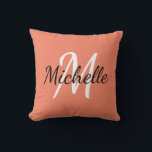 Cute Simple Orange Monogram Initials   Name Cushion<br><div class="desc">Throw pillow with a salmon orange background and white custom monogram first initial and first name.</div>