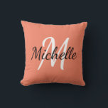 Cute Simple Orange Monogram Initials   Name Cushion<br><div class="desc">Throw pillow with a salmon orange background and white custom monogram first initial and first name.</div>
