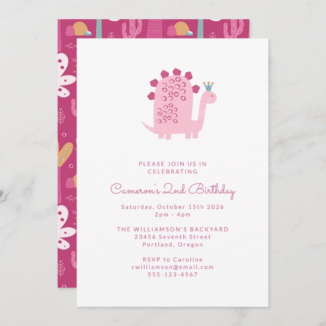 Cute Simple Pink Dinosaur 2nd Birthday  Invitation (Front/Back)