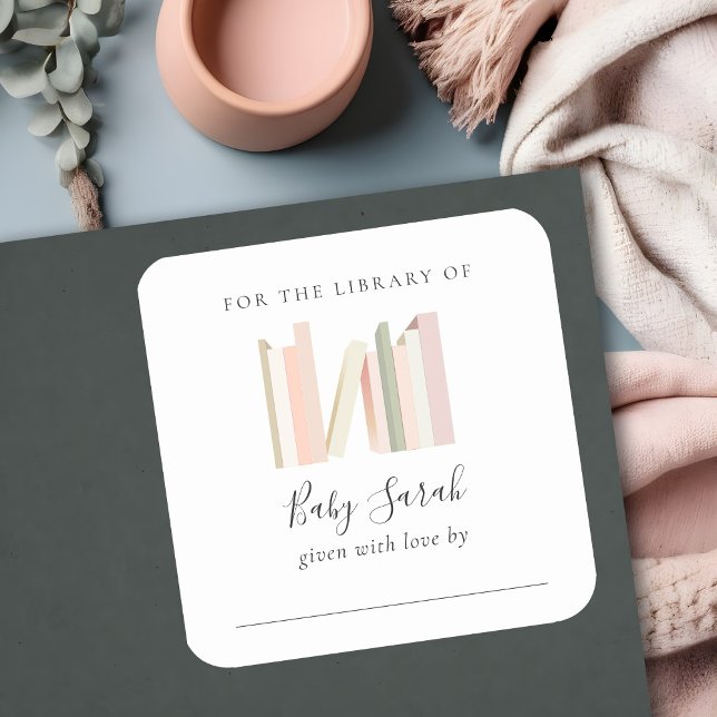 Cute Simple Pink Girl Bookplate Baby Shower Square Sticker (Creator Uploaded)