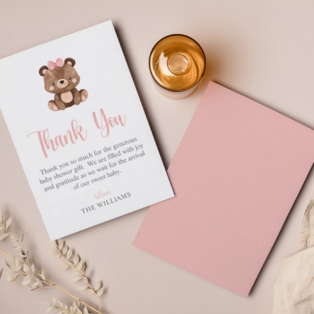 Cute Simple Pink Woodland Bear Baby Shower Thank You Card (Creator Uploaded)
