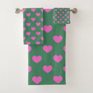 Cute Simple Preppy Pink and Green Heart Pattern Bath Towel Set