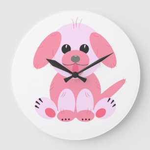 Cute Simple Puppy Dog Pink Cartoon Girl Large Clock