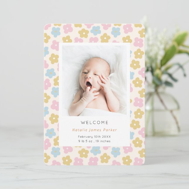 Cute Simple Rainbow Floral Watercolor Birth Announcement (Standing Front)