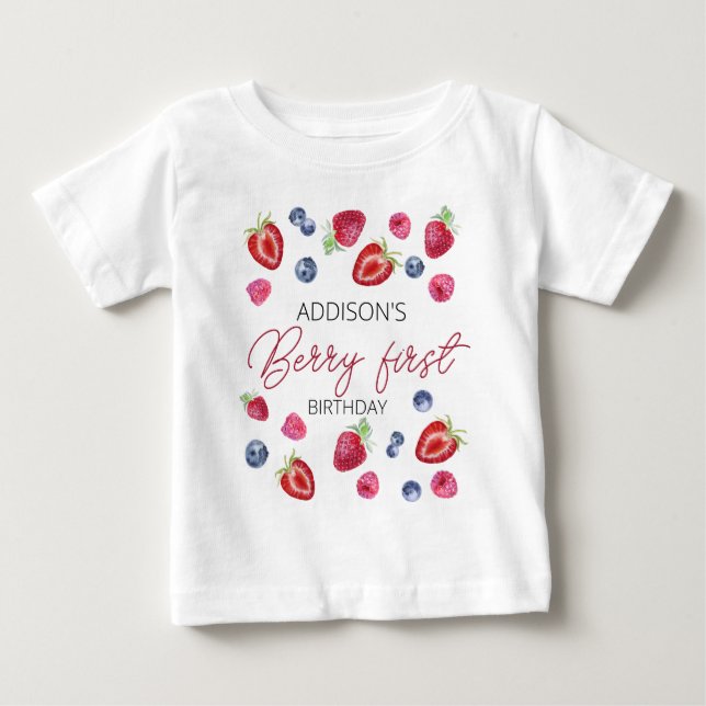 Cute Simple Red Blue Berry Sweet 1st Birthday Baby T-Shirt (Front)