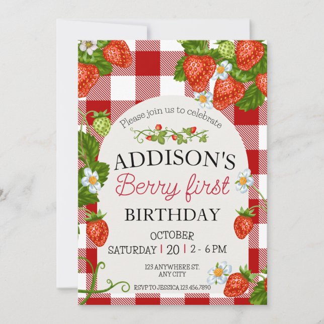 Cute Simple Red Blue Berry Sweet 1st Birthday Invitation (Front)