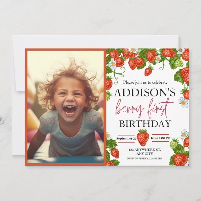 Cute Simple Red Blue Berry Sweet 1st Birthday Invitation (Front)