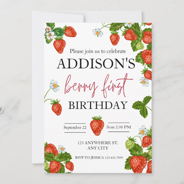 Cute Simple Red Blue Berry Sweet 1st Birthday Invitation (Front)