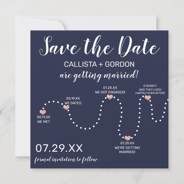 Cute Simple Rose Gold Navy Blue Timeline Wedding Save The Date (Front)