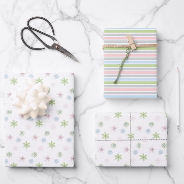 Cute Simple Soft Pastel Floral & Stripes  Wrapping Paper Sheet (Front)
