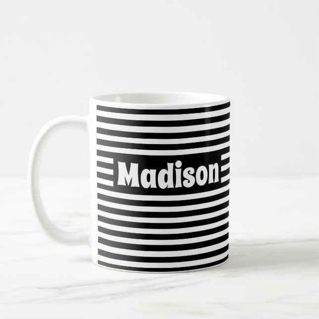 Cute Simple Stripes Black and White Custom Name Coffee Mug (Left)