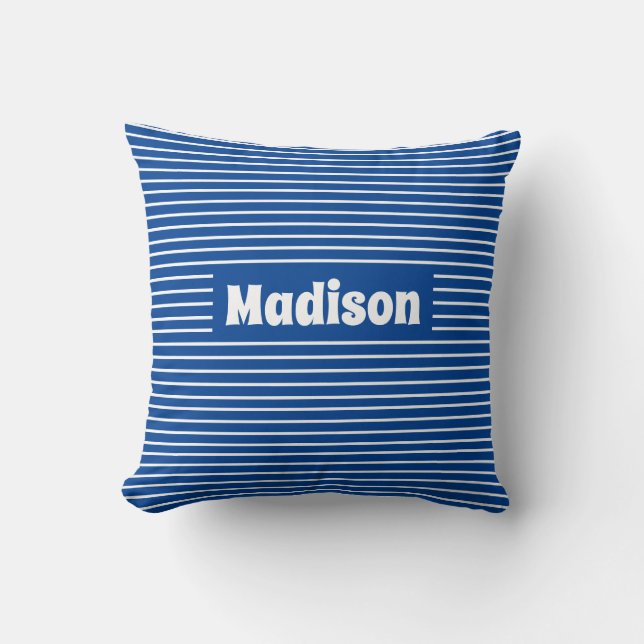 Cute Simple Stripes Blue and White Custom Name Cushion (Front)