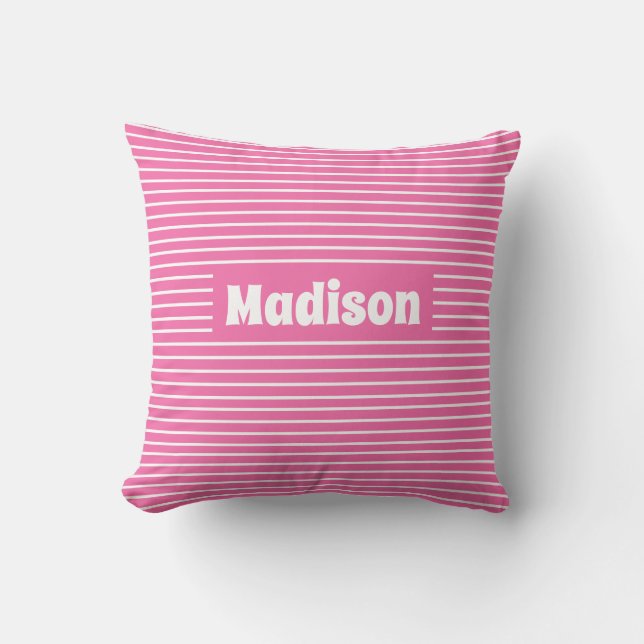 Cute Simple Stripes Pink and White Custom Name Cushion (Front)