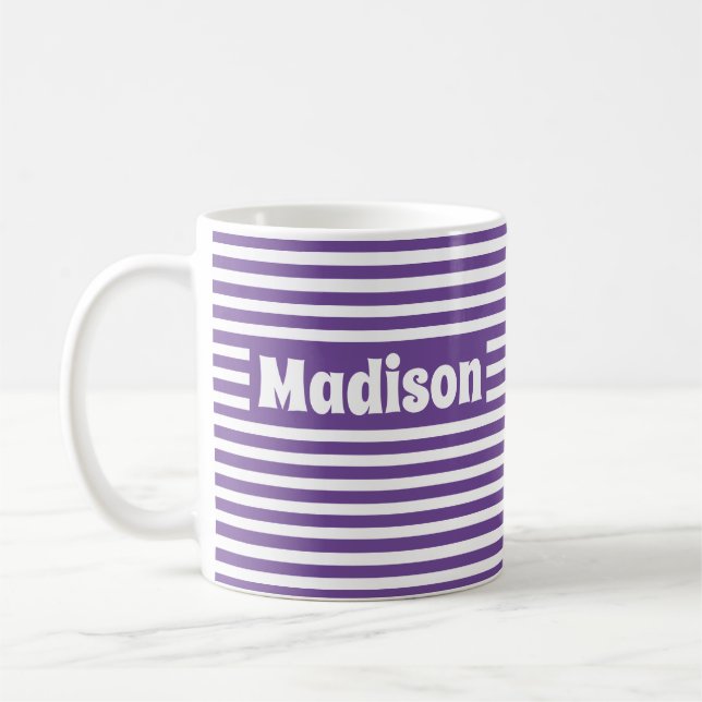 Cute Simple Stripes Purple and White Custom Name Coffee Mug (Left)