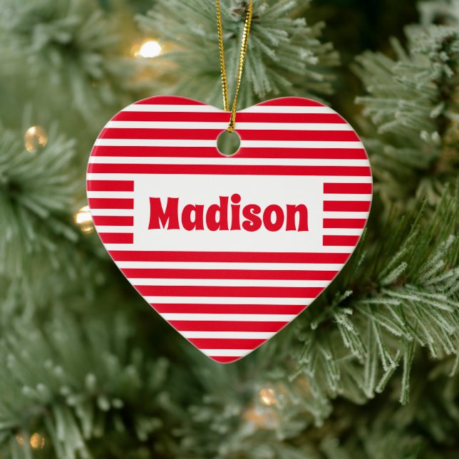 Cute Simple Stripes Red and White Name Heart Ceramic Tree Decoration (Tree)