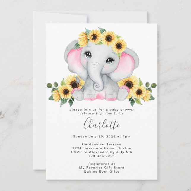 Cute Simple Sunflower Elephant Baby Girl Shower Invitation (Front)
