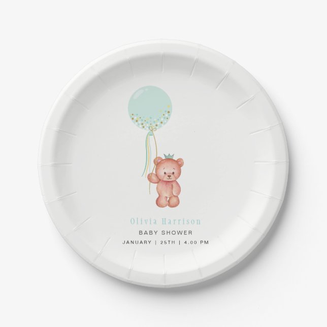 Cute Simple Teddy Bear Baby Shower  Paper Plate (Front)