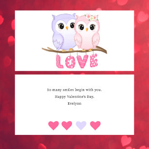 Cute Simple Watercolor Owls Valentine Flat Card
