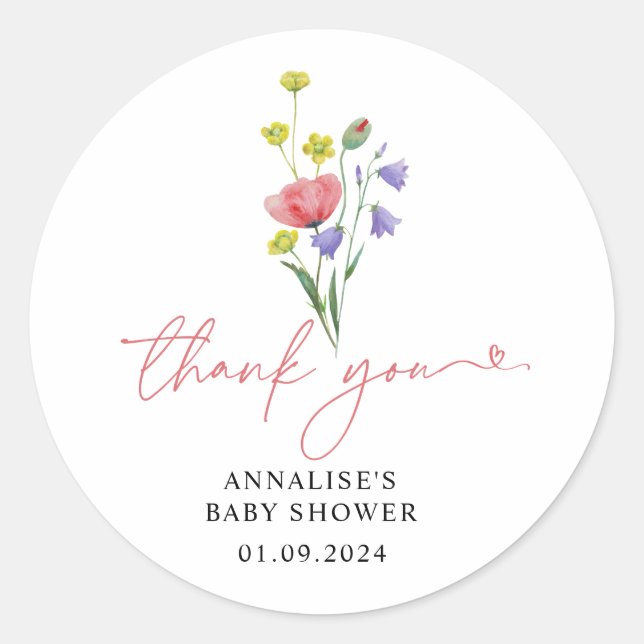 Cute Simple Watercolor Wildflower Baby Shower  Classic Round Sticker (Front)