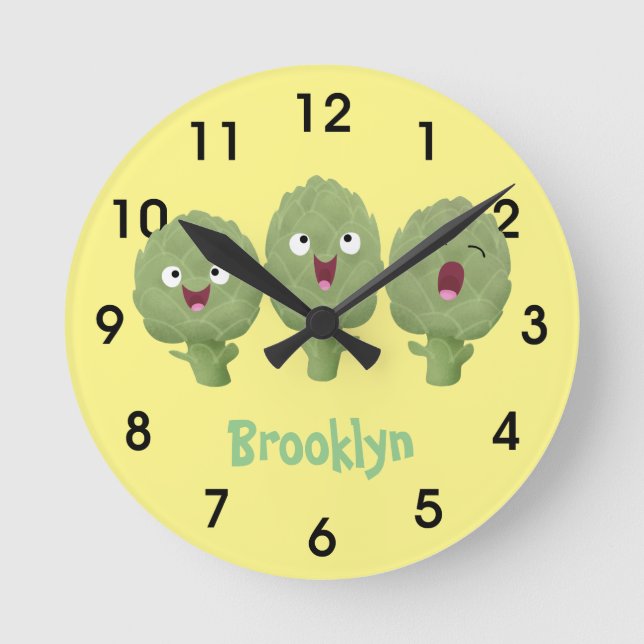 Cute singing artichokes vegetable cartoon round cl clock (Front)