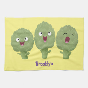 Cute singing artichokes vegetable cartoon tea towel