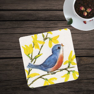 Cute Singing Blue Bird Tree Branch Coaster