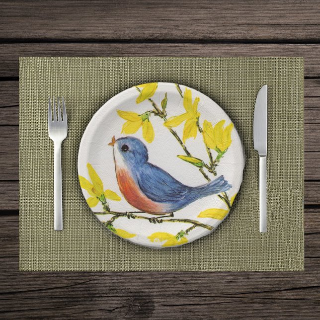 Cute Singing Blue Bird Tree Branch Paper Plate (Cute red and blue bird on branches with yellow flowers on white paper plates.)