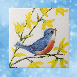 Cute Singing Blue Bird Tree Branch Tile