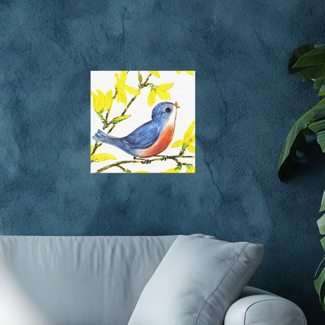Cute Singing Blue Bird Tree Canvas Print (Little singing blue and red bird on branch yellow flowers faux textured white canvas art print.)