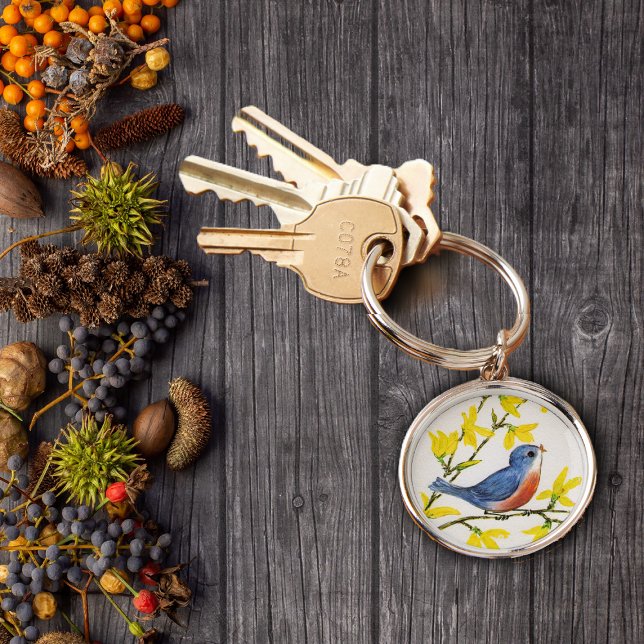Cute Singing Blue Bird Tree Key Ring (Cute blue and red singing bird on branch yellow flowers on keychain.)