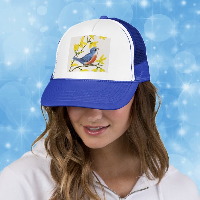 Cute Singing Blue Bird Tree Trucker Hat (Little singing blue red bird on branch yellow flowers on ball cap.)