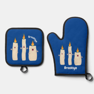 Cute singing candle trio cartoon oven mitt & pot holder set