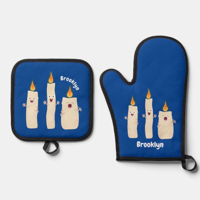 Cute singing candle trio cartoon oven mitt & pot holder set (Front)