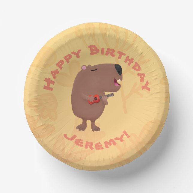 Cute singing capybara personalised birthday paper plate (Front)
