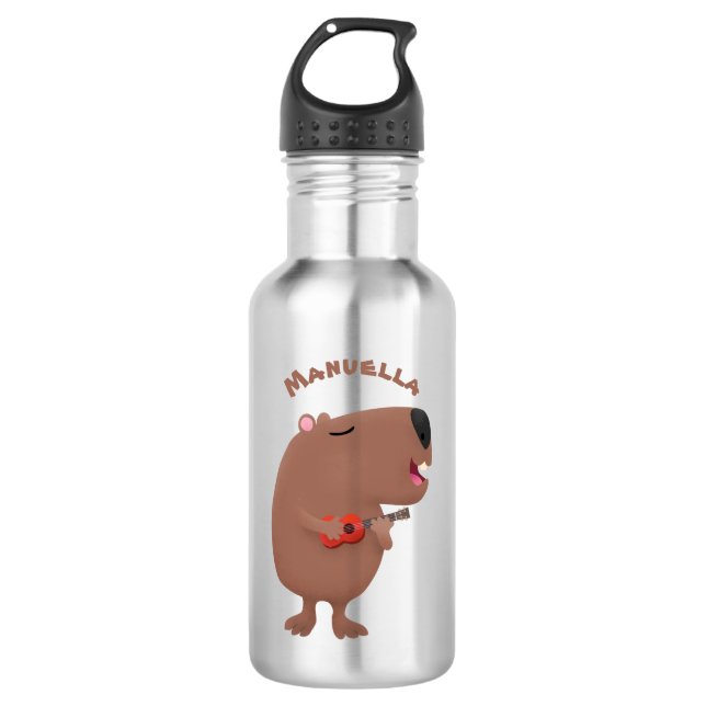 Cute singing capybara ukulele cartoon illustration 532 ml water bottle (Front)