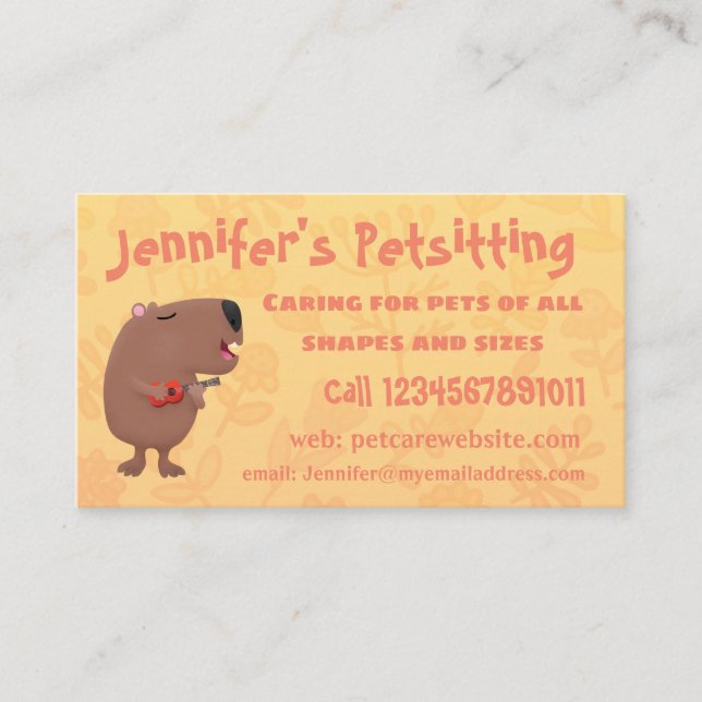 Cute singing capybara ukulele cartoon illustration business card (Front)