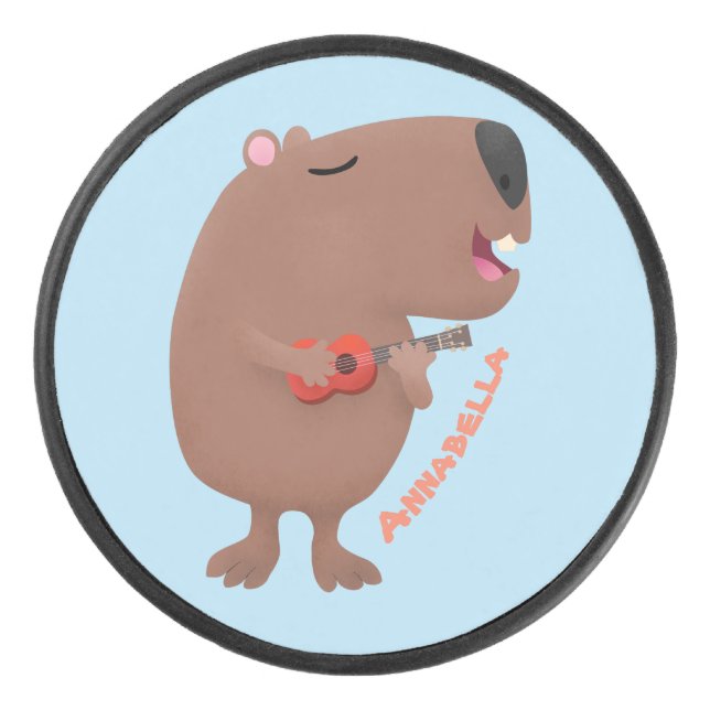 Cute singing capybara ukulele cartoon illustration hockey puck (Front)