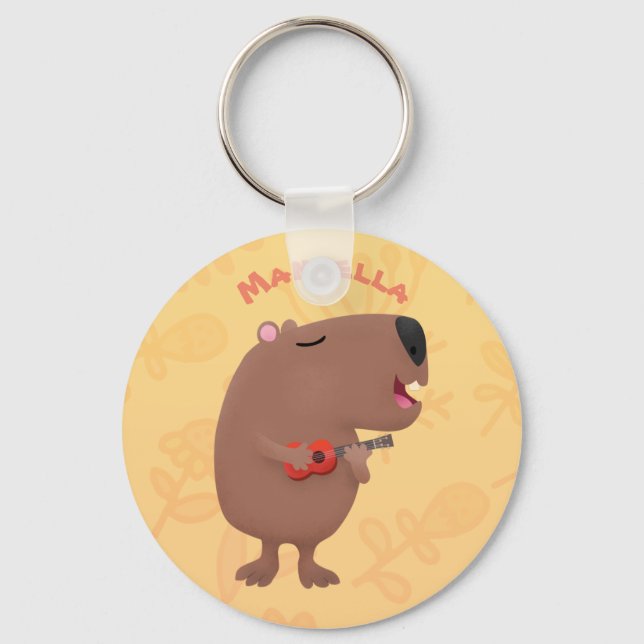 Cute singing capybara ukulele cartoon illustration key ring (Front)