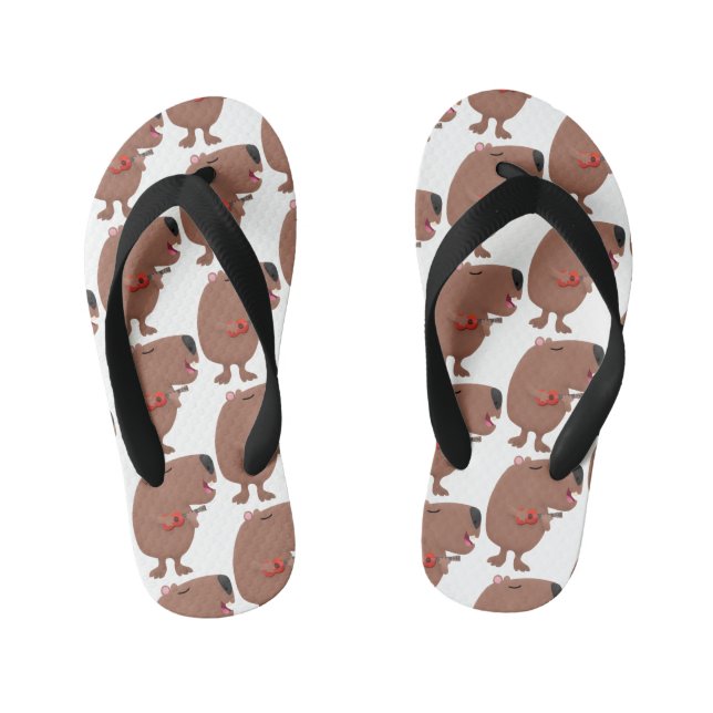 Cute singing capybara ukulele cartoon illustration kid's jandals (Footbed)