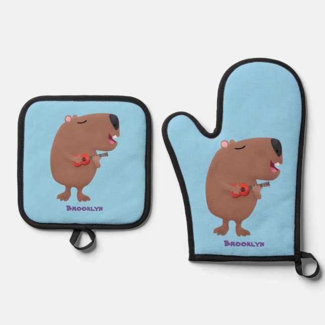 Cute singing capybara ukulele cartoon illustration oven mitt & pot holder set (Front)