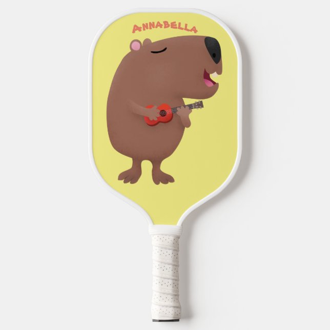 Cute singing capybara ukulele cartoon illustration pickleball paddle (Front)
