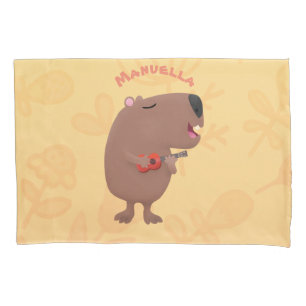 Cute singing capybara ukulele cartoon illustration pillowcase