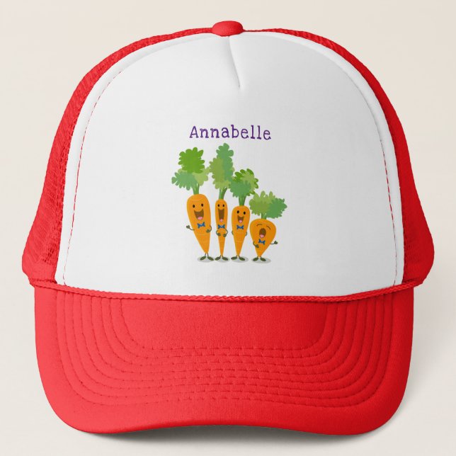 Cute singing carrot quartet cartoon illustration trucker hat (Front)