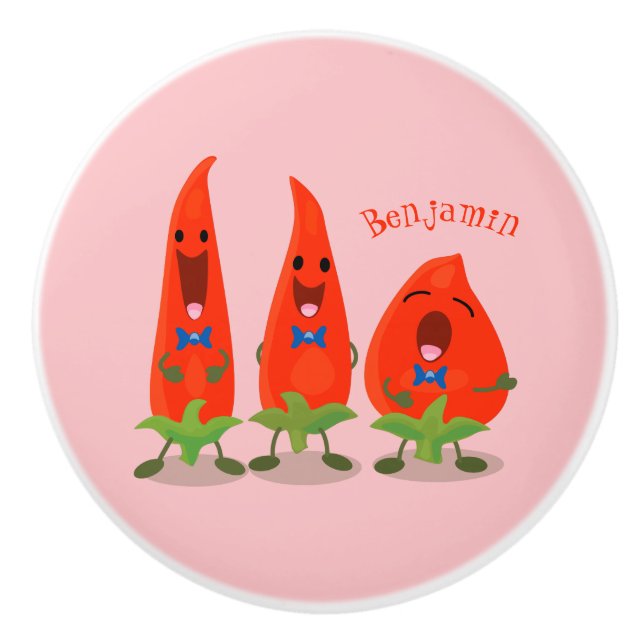 Cute singing chilli peppers cartoon illustration ceramic knob (Front)