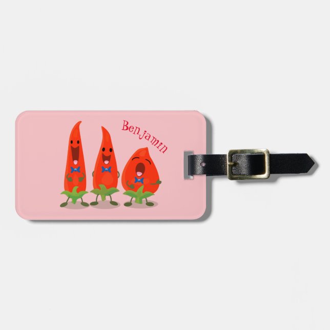 Cute singing chilli peppers cartoon illustration luggage tag (Front Horizontal)