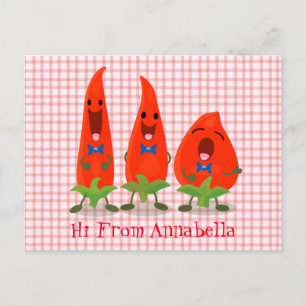 Cute singing chilli peppers cartoon illustration postcard