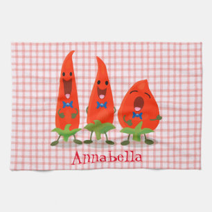 Cute singing chilli peppers cartoon illustration tea towel