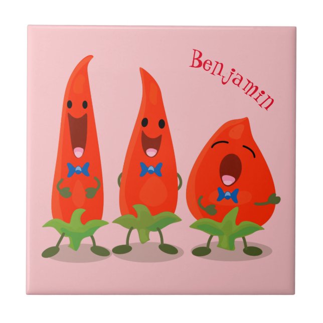 Cute singing chilli peppers cartoon illustration tile (Front)